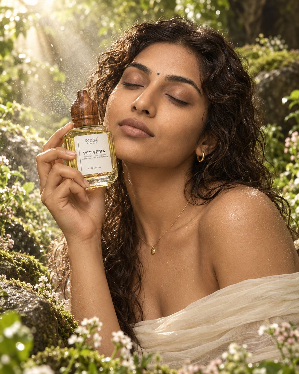 A woman in a pale draped saree holding the fragrance bottle to her cheek, eyes closed, in a sunlit clearing.