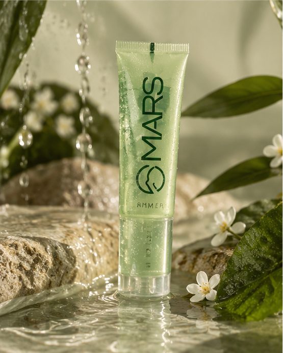A green MARS primer tube standing in shallow running water on mossy stone, jasmine flowers and wet leaves around it.