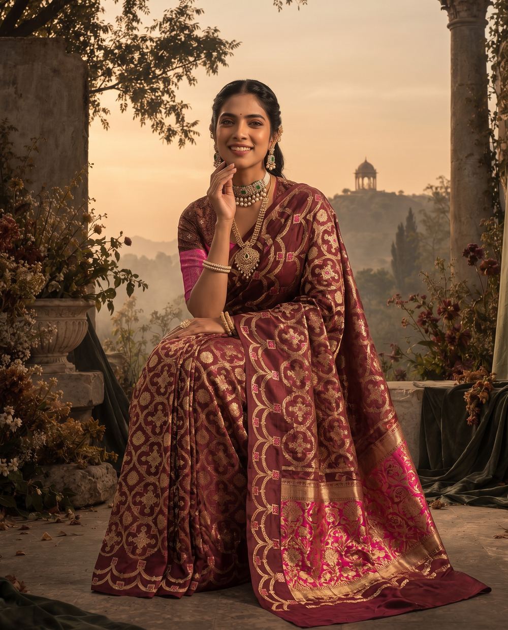 Seated in a deep maroon Banarasi saree, painted garden at dusk.