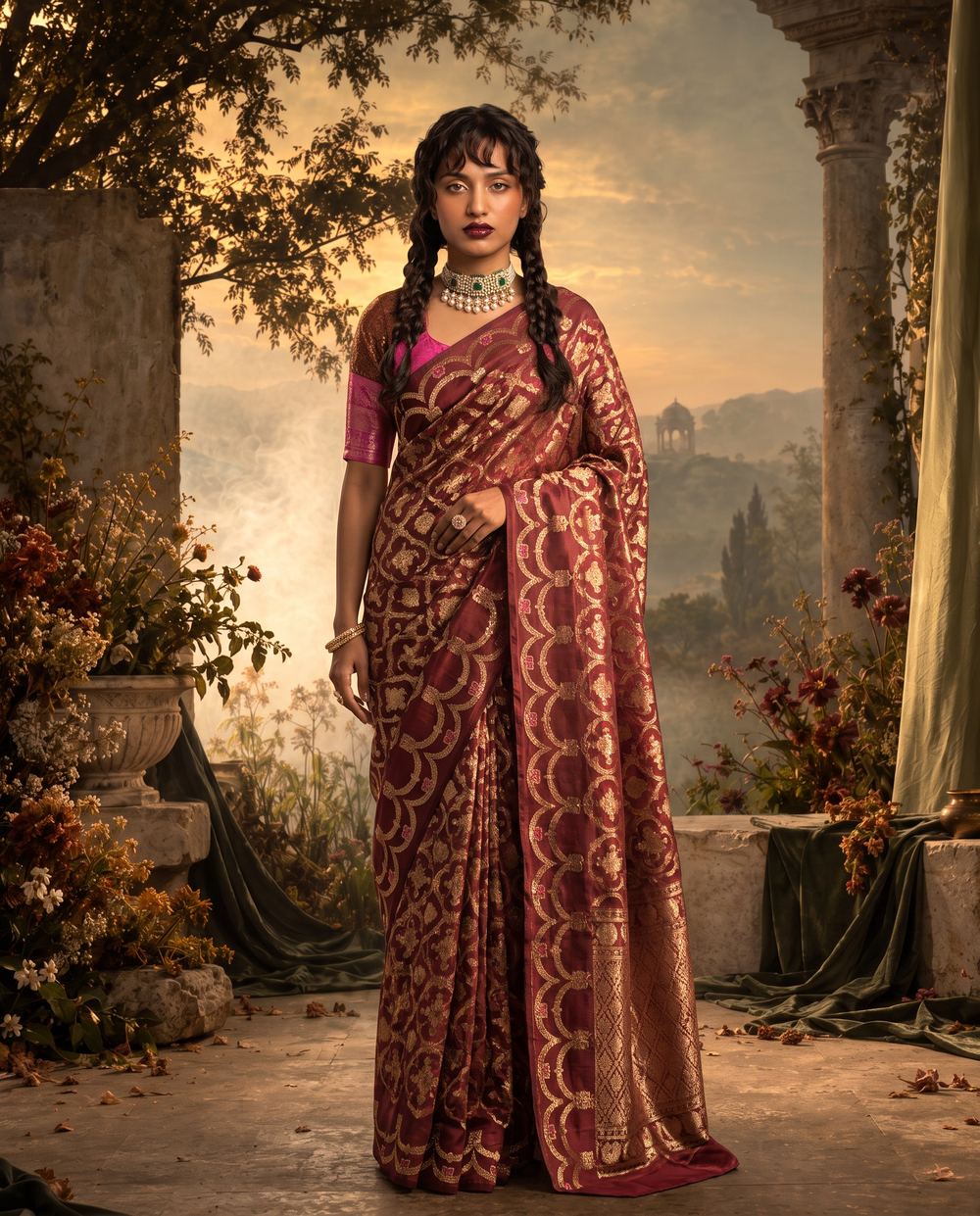 Standing in a maroon Banarasi saree with a wide gold zari border.