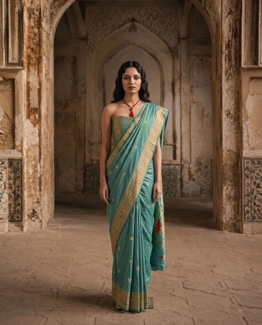 Full-length teal Banarasi saree in a sandstone colonnade.