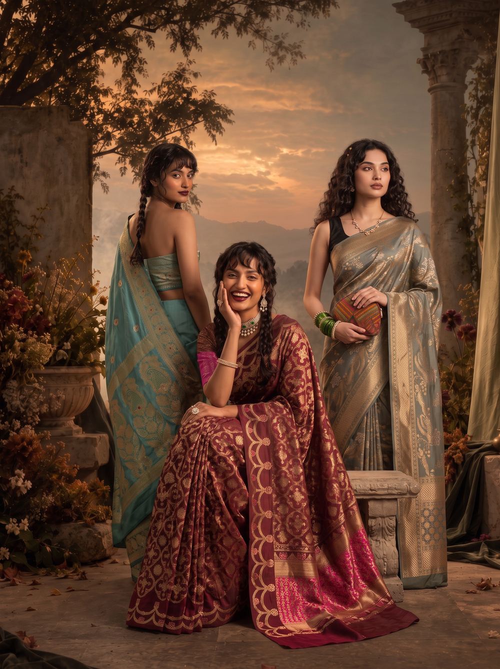 Three models in Banarasi sarees — maroon, teal and gold — in a painted garden.